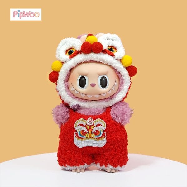 Front view of PipWoo Crochet Lion Dance Outfit for Labubu Dolls, showcasing intricate crochet detailing and vibrant design.