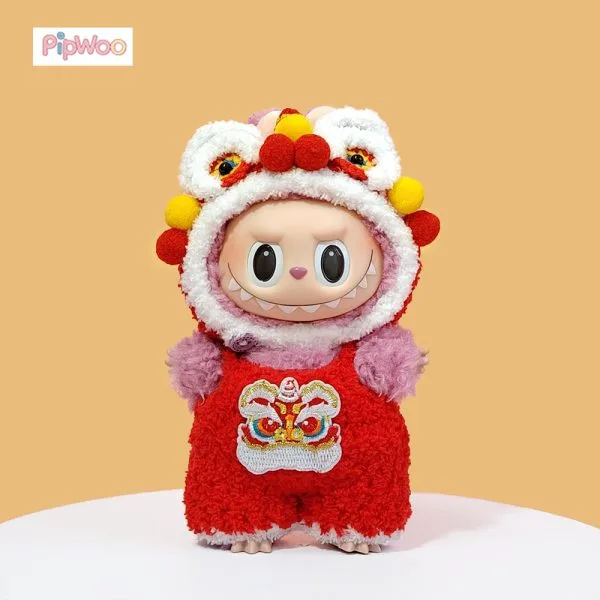 Front view of PipWoo Crochet Lion Dance Outfit for Labubu Dolls, showcasing intricate crochet detailing and vibrant design.