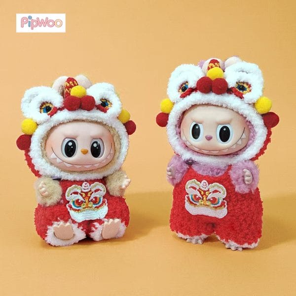 PipWoo Crochet Lion Dance Outfit for Labubu Dolls on display, showcasing intricate handmade crochet details.