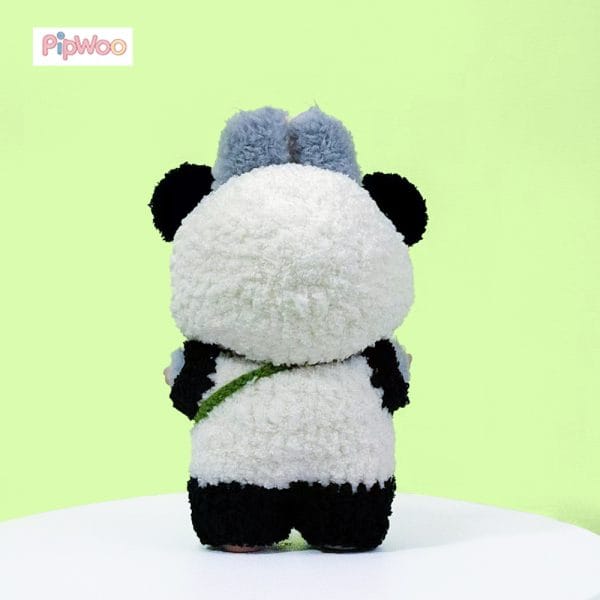 Back view of PipWoo's Panda Outfit for Labubu Dolls, showcasing detailed handcrafted crochet work and elegant design elements.