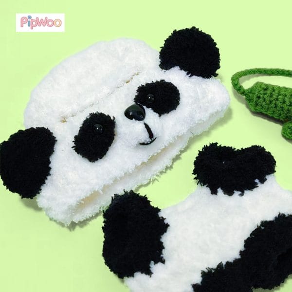 Close-up detail of PipWoo's Panda Outfit for Labubu Dolls, showing fine crochet stitching and subtle panda-inspired accents.