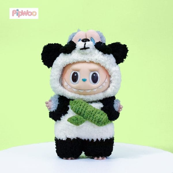 Front view of PipWoo's Panda Outfit for Labubu Dolls, highlighting intricate crochet patterns and the panda-inspired design.