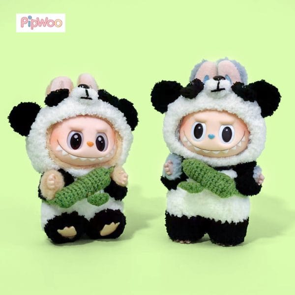 Main display of PipWoo's Panda-themed Crochet Outfit for Labubu Dolls, showcasing the overall design and vibrant crochet details.