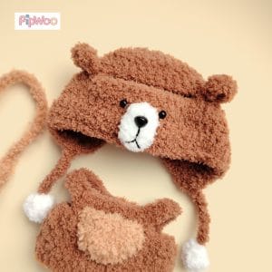 Close-up of PipWoo Tawny Trails Labubu Bear Outfit showing intricate crochet textures and fine detailing.