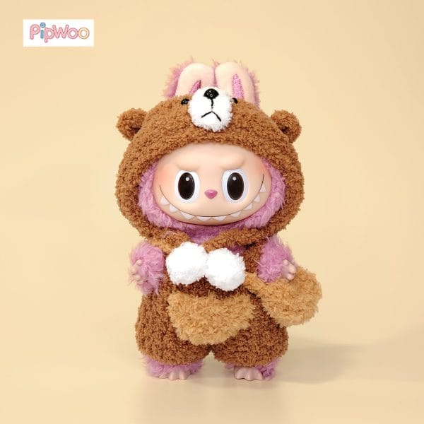 PipWoo Tawny Trails Labubu Bear Outfit front view highlighting detailed crochet patterns and warm color tones.