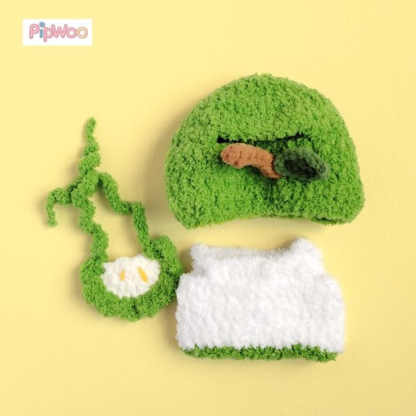 Flat lay view of Crochet Labubu Clothes - Fresh Apple Fantasy showing the complete layout and texture of this fresh, green apple-themed doll outfit.
