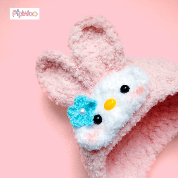 Close‑up of Crochet Labubu Clothes – Bunny Melody showing hand‑stitched embroidery on the hood