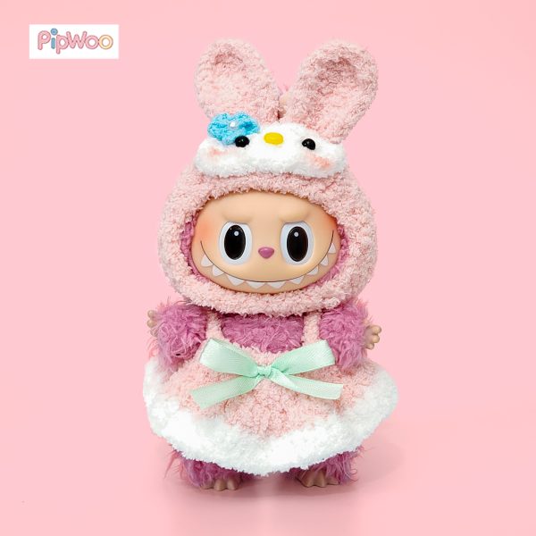 Front view of Crochet Labubu Clothes – Bunny Melody showcasing fluffy hood ears and ribbon waist detail