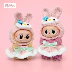 Crochet Labubu Clothes – Bunny Melody main view featuring the pink bunny‑ear hood and pastel bow skirt