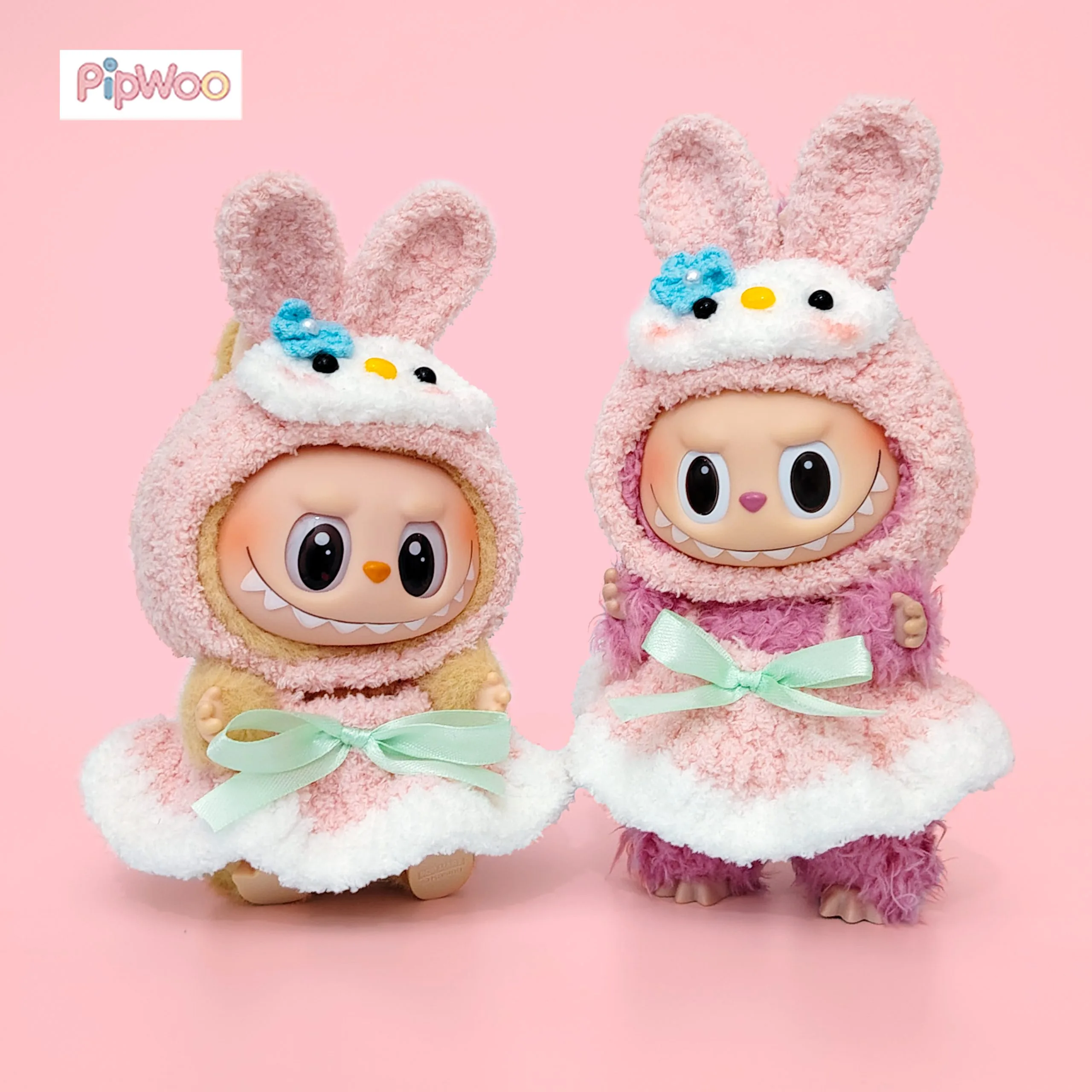 Crochet Labubu Clothes – Bunny Melody main view featuring the pink bunny‑ear hood and pastel bow skirt