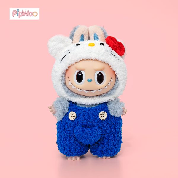 Front view of Crochet Labubu Clothes – Sweet Kitty highlighting the kitty ear hood, whisker details, and button accents.