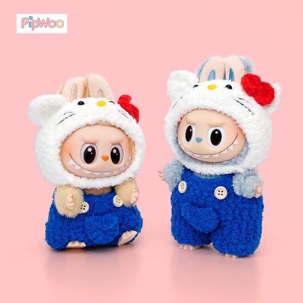 Crochet Labubu Clothes – Sweet Kitty main view showcasing the white kitty hood with red bow and blue overalls.