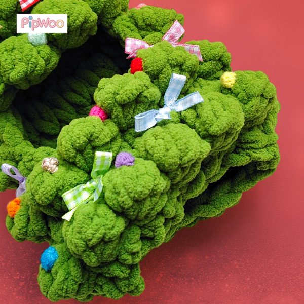 Detailed shot of Crochet Labubu Clothes – Twinkle Tree (Light‑Up) capturing colorful ribbon bows and fluffy yarn leaves