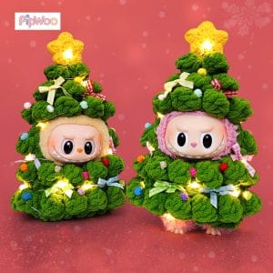 Crochet Labubu Clothes – Twinkle Tree (Light‑Up) main view showing the Labubu doll in a glowing crochet Christmas tree costume with star topper