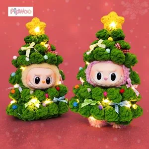 Crochet Labubu Clothes – Twinkle Tree (Light‑Up) main view showing the Labubu doll in a glowing crochet Christmas tree costume with star topper