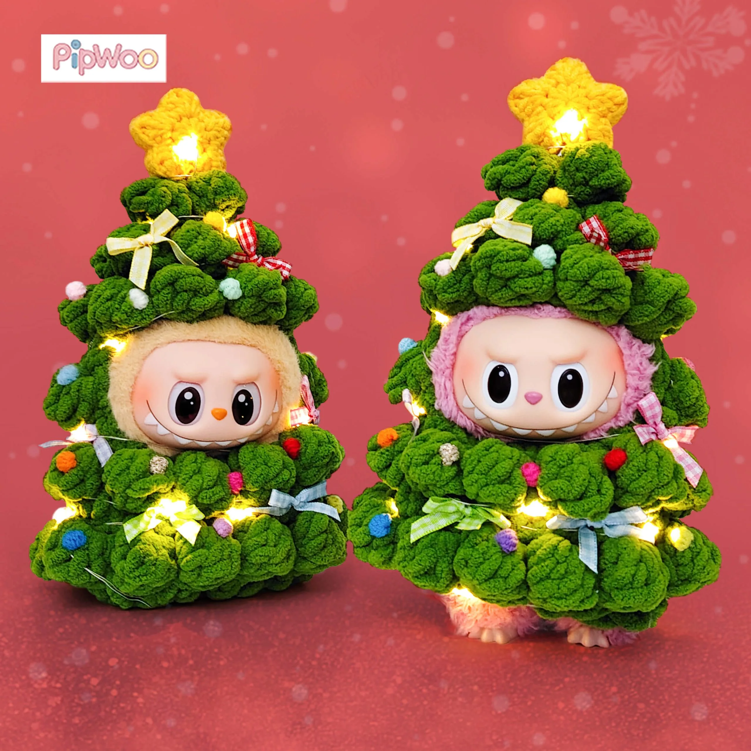 Crochet Labubu Clothes – Twinkle Tree (Light‑Up) main view showing the Labubu doll in a glowing crochet Christmas tree costume with star topper