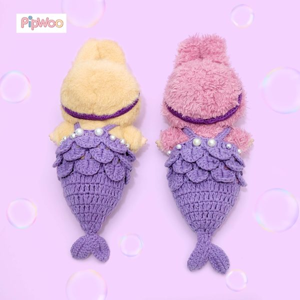 Back view of Crochet Labubu Clothes – Purple Mermaid featuring the crocheted tail fan and pearl buttons