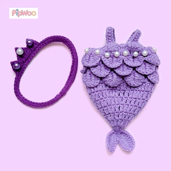 Flat lay of Crochet Labubu Clothes – Purple Mermaid showing pearl crown, mermaid tail skirt and mermaid scale pattern