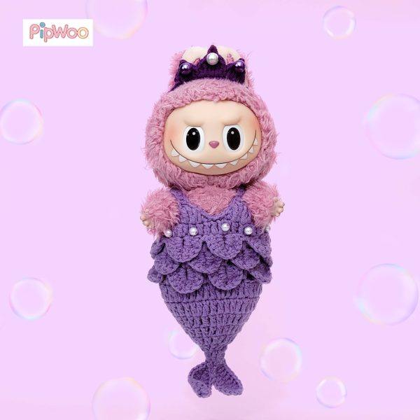 Front view of Crochet Labubu Clothes – Purple Mermaid highlighting the mermaid tail skirt and pearl crown details