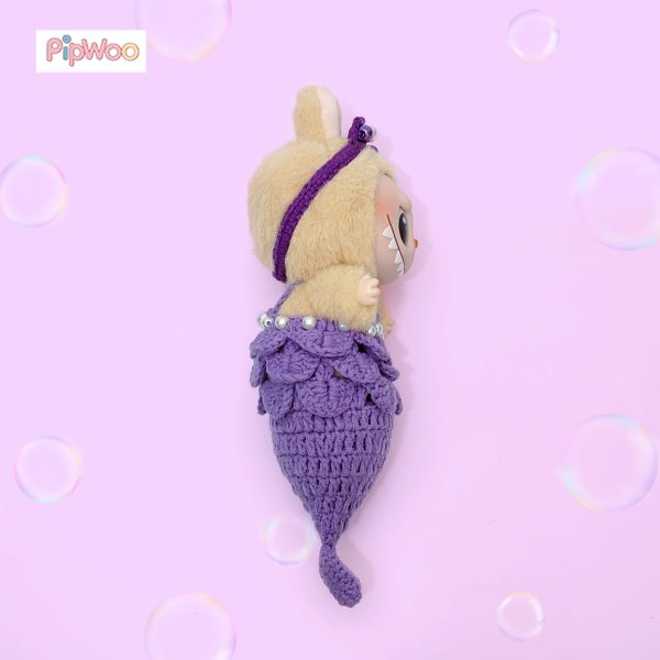 Side view of Crochet Labubu Clothes – Purple Mermaid displaying the outfit’s silhouette and intricate crochet fins