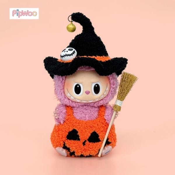 Front view of Crochet Labubu Clothes – Jack-o’-lantern highlighting the carved‑face pumpkin design and plush yarn texture.