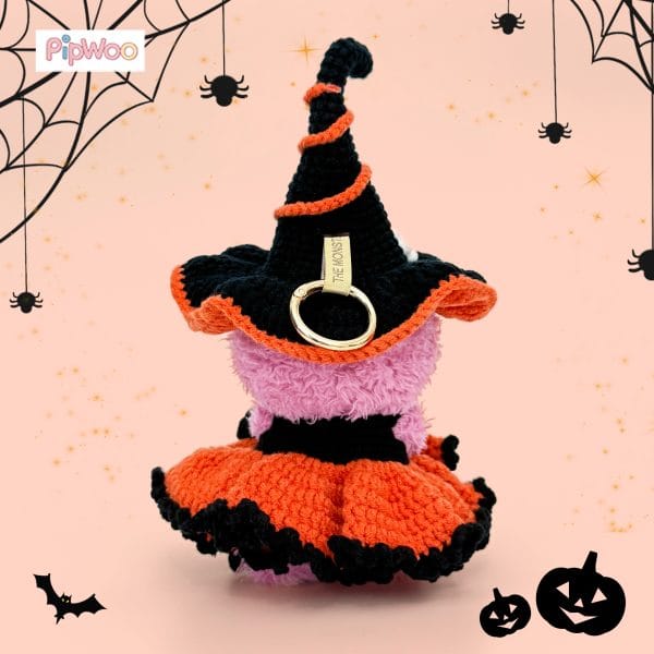Back view of Crochet Labubu Clothes – Halloween Witch revealing the tiered skirt back, neat crochet stitch work, and the hat’s back seam.