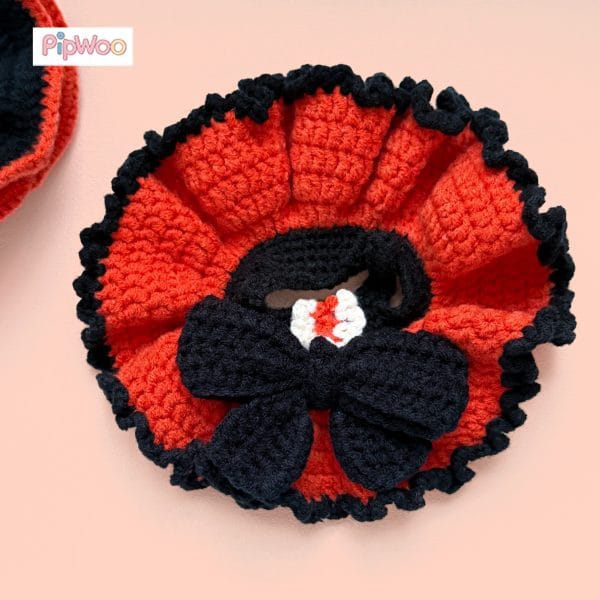 Detailed shot of Crochet Labubu Clothes – Halloween Witch capturing the plush yarn loops and contrasting crochet stitches of the ruffle edge.