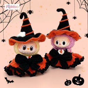 Crochet Labubu Clothes – Halloween Witch main view showcasing the orange-and-black ruffled skirt with central bow and heart accent, paired with a pointed witch hat.
