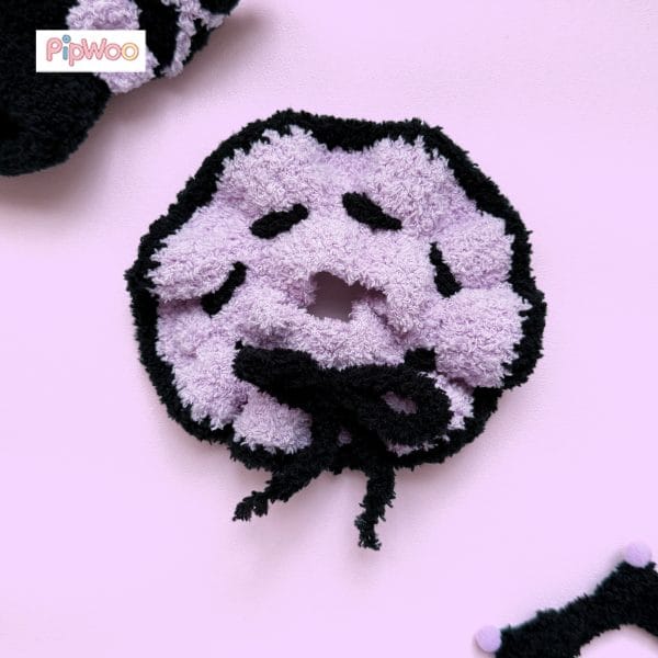 Detailed shot of Crochet Labubu Clothes – Kuromi focusing on the fluffy yarn texture and precise crochet stitch work.