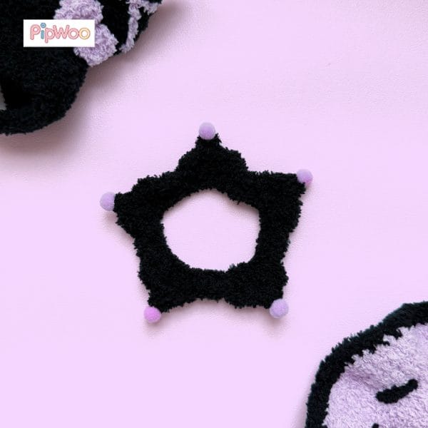 Detailed shot of Crochet Labubu Clothes – Kuromi capturing the pom‑pom trim and black‑and‑lavender color contrast.