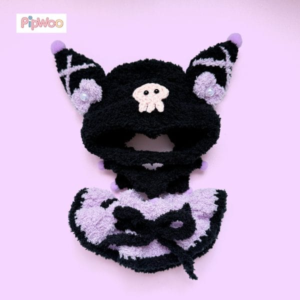 Flat lay of Crochet Labubu Clothes – Kuromi showing the full set: hat, skirt, and accessory details laid out together.