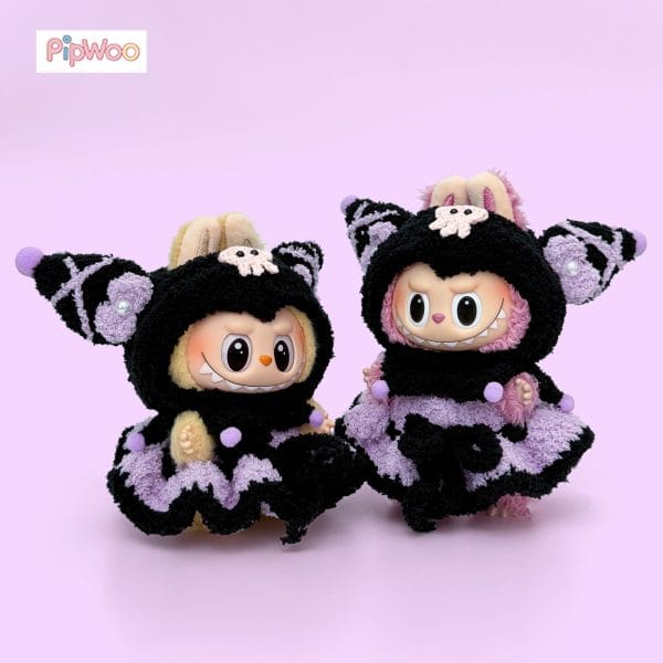 Crochet Labubu Clothes – Kuromi main view showcasing the plush black and lavender crochet outfit with signature Kuromi skull detail on the hood.